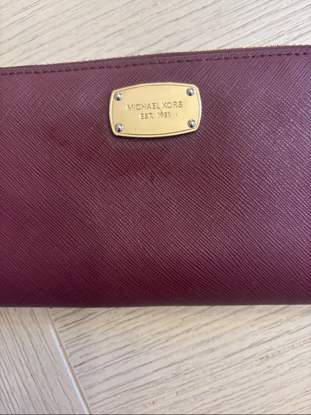 Michael Kors Saffiano Leather Zip Wallet in Burgundy Red
